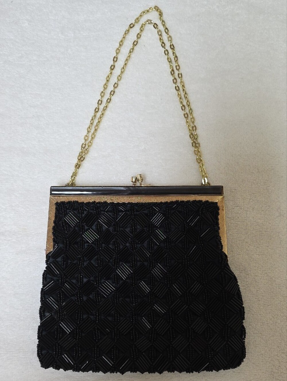 Black Beaded Evening Clutch with Gold Frame and Chain